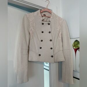 We The Free Ivory Double-Breasted Lace-Shoulder Blazer